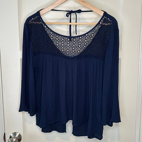 SALE 2/25 Abercrombie & Fitch Boho Style 3/4 Length Sleeve Top, Navy Size Small - Picture 1 of 12